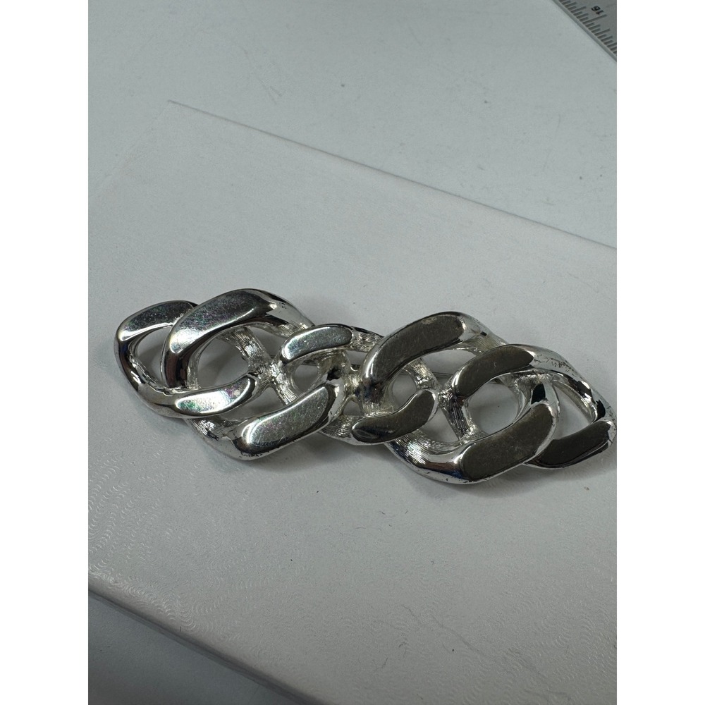 Vintage Silver Tone Chunky Curb Link Chain Brooch Statement Pin Modernist 3.5"